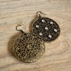 Brass Tone Statement Earrings w/Rhinestones & Fringe